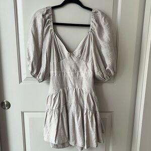 Tan and Cream Ruffled Puff Sleeve Mini Dress